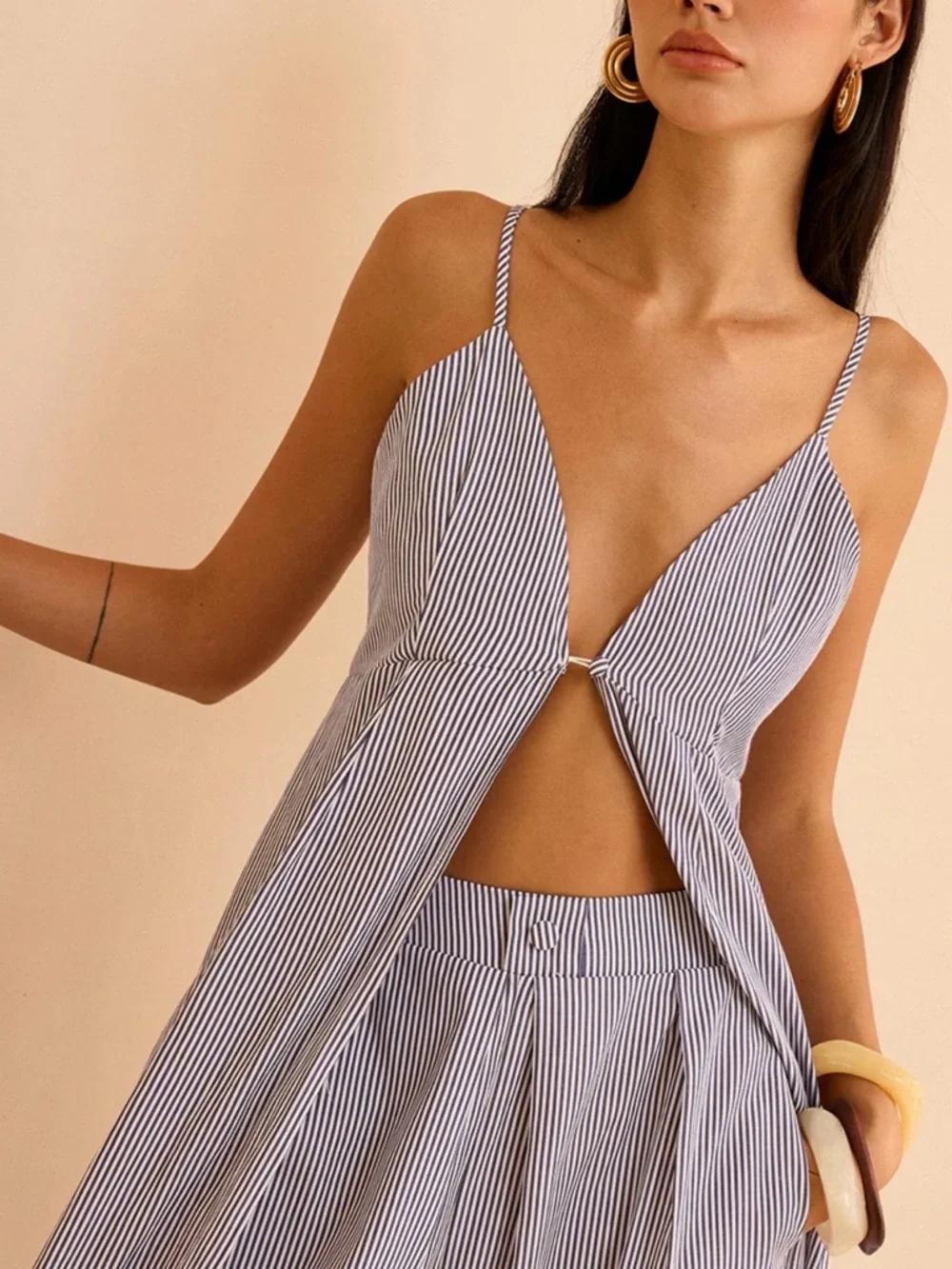 Commense Blue & White Pinstripe Wide-Leg Jumpsuit Set - Picture 3 of 5